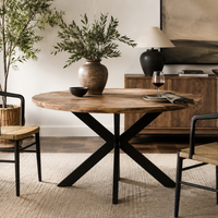 Industrial Round Solid Wood Dining Table with Black Metal Cross Base