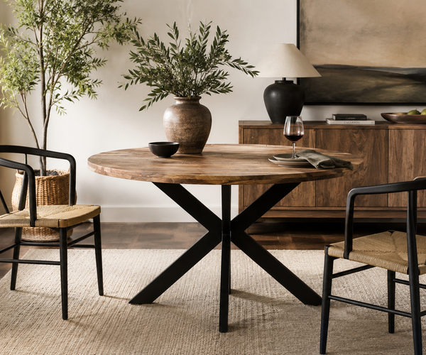 Industrial Round Solid Wood Dining Table with Black Metal Cross Base
