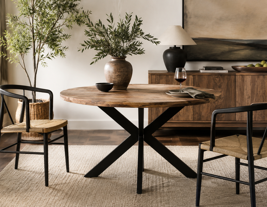 Industrial Round Solid Wood Dining Table with Black Metal Cross Base