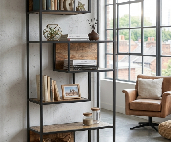 Industrial Metal Wood Bookshelf | Modern Open Display Rack | Luxury Living Room Shelf | Handmade Furniture