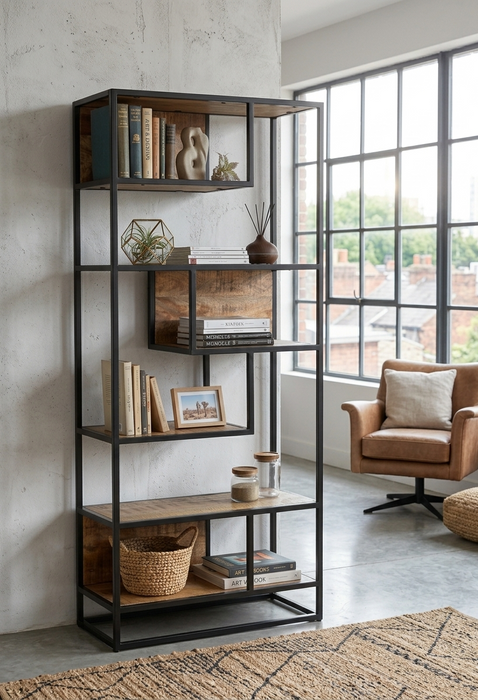 Industrial Metal Wood Bookshelf | Modern Open Display Rack | Luxury Living Room Shelf | Handmade Furniture