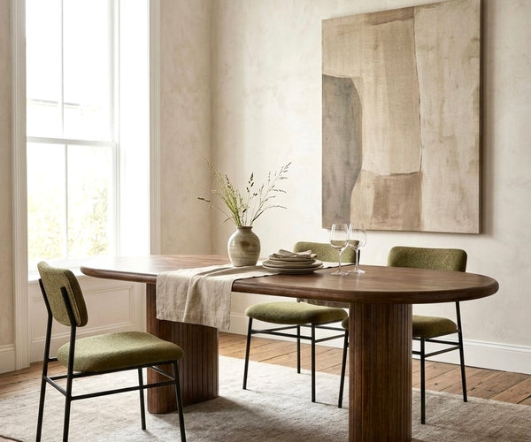 Modern Solid Wood Oval Dining Table | Contemporary 6-Seater Dining Table | Fluted Pedestal Base | Walnut Finish