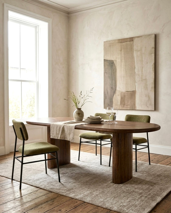Modern Solid Wood Oval Dining Table | Contemporary 6-Seater Dining Table | Fluted Pedestal Base | Walnut Finish