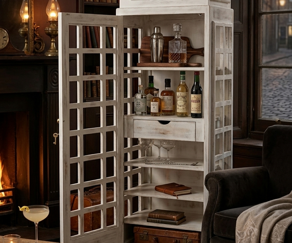 Vintage Telephone Booth Bar Cabinet | Retro Wooden Home Bar Cabinet | Wine Storage Cabinet with Glass Rack
