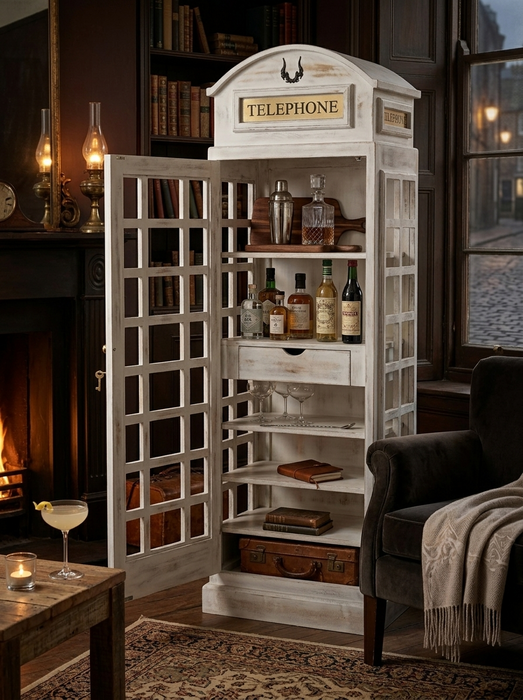 Vintage Telephone Booth Bar Cabinet | Retro Wooden Home Bar Cabinet | Wine Storage Cabinet with Glass Rack