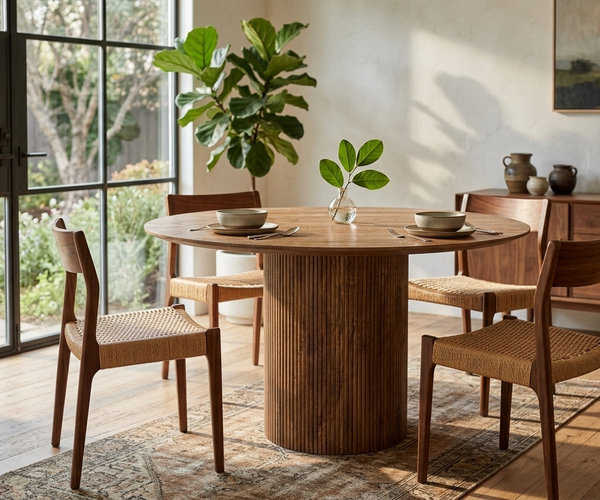 Fluted Pedestal Round Dining Table – Solid Wood Finish | Modern Scandinavian Dining Table
