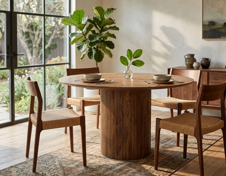Fluted Pedestal Round Dining Table – Solid Wood Finish | Modern Scandinavian Dining Table