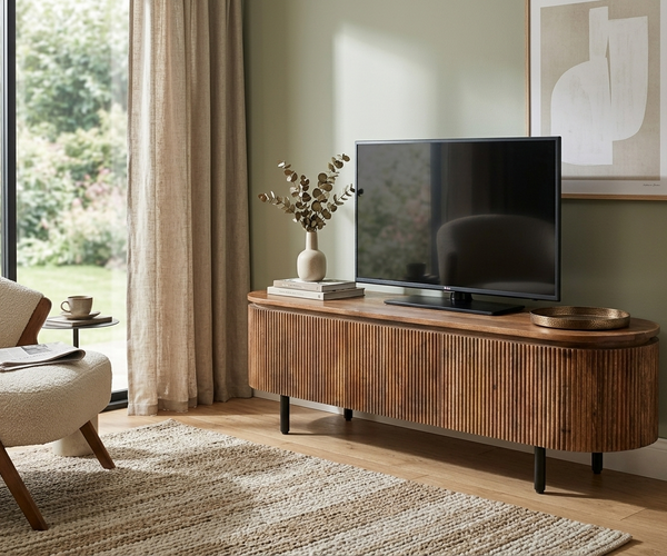 Modern Fluted Design Mango Wood Oval Shape Tv Stand