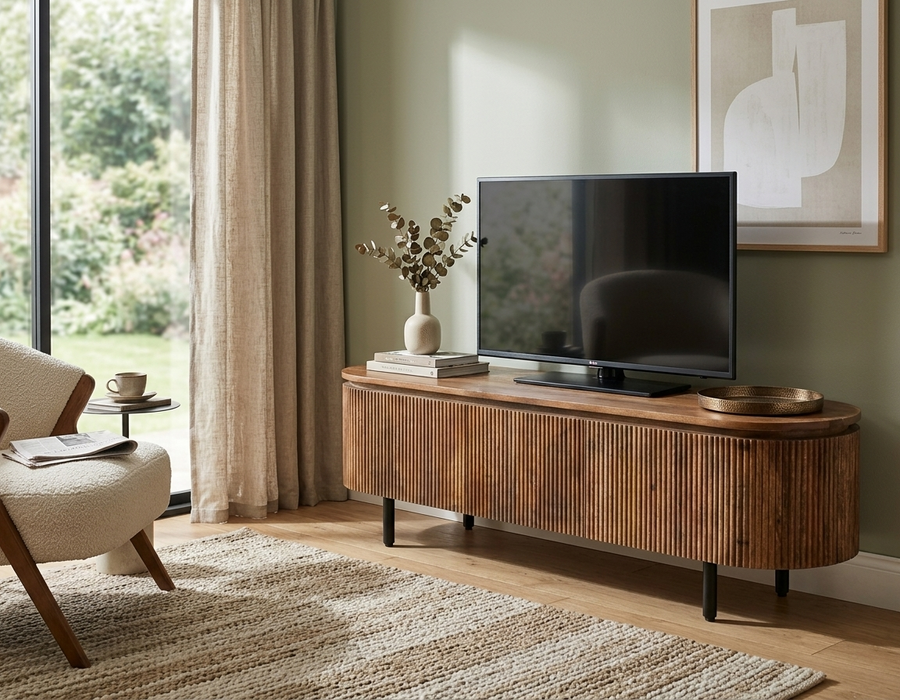 Modern Fluted Design Mango Wood Oval Shape Tv Stand