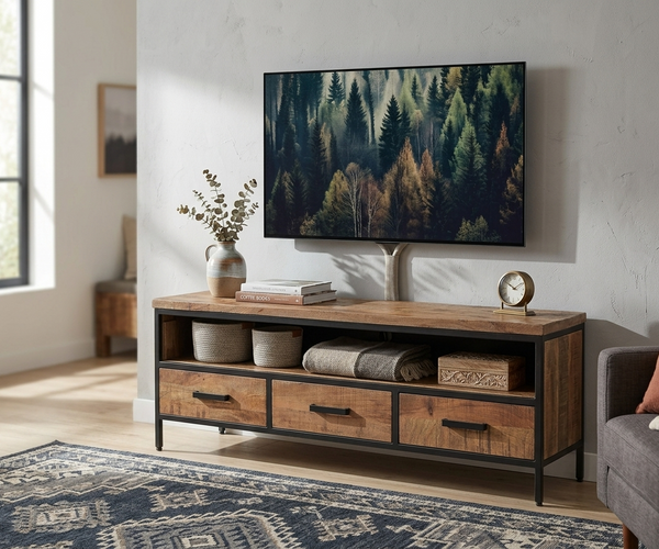 Industrial Mango Wood TV Cabinet with Metal Frame & Storage Drawers – Rustic Entertainment Unit