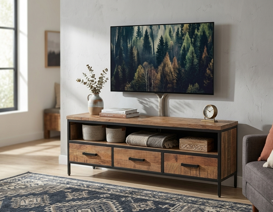 Industrial Mango Wood TV Cabinet with Metal Frame & Storage Drawers – Rustic Entertainment Unit