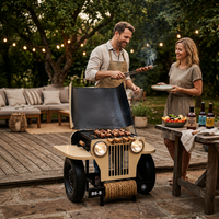 Vintage Jeep Style Charcoal BBQ Grill Cart with Wheels | Outdoor Barbecue Grill Station