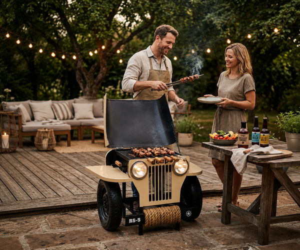Vintage Jeep Style Charcoal BBQ Grill Cart with Wheels | Outdoor Barbecue Grill Station