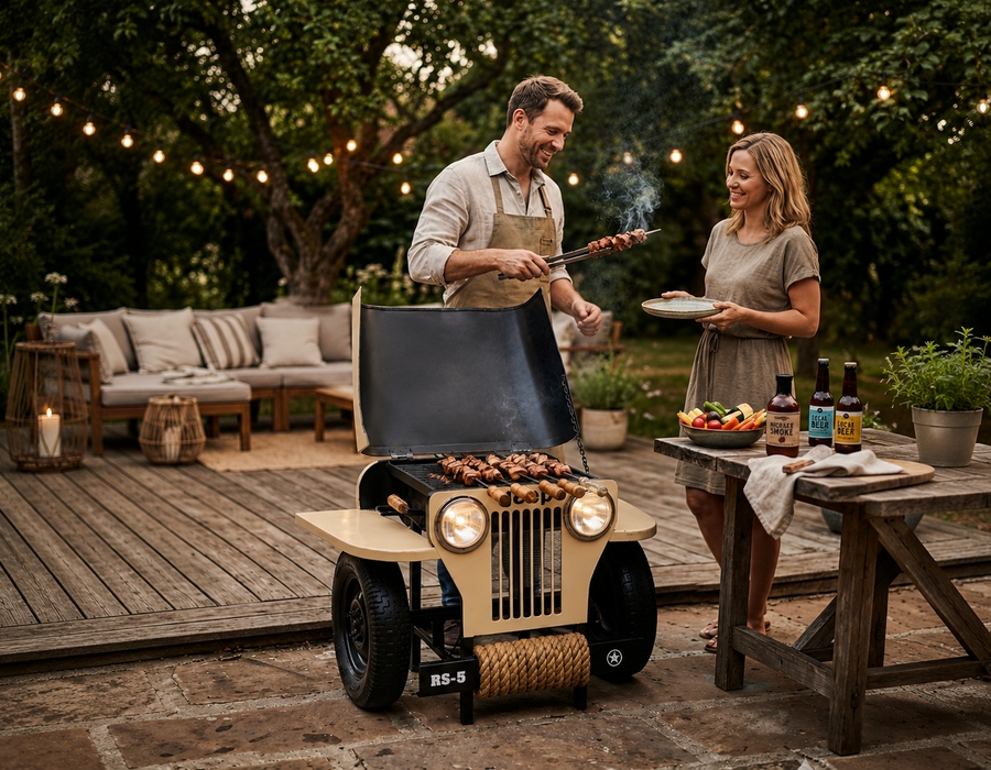 Vintage Jeep Style Charcoal BBQ Grill Cart with Wheels | Outdoor Barbecue Grill Station