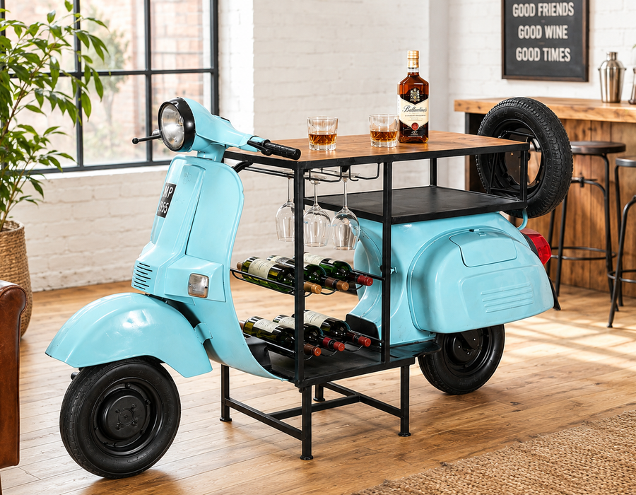 Vintage Scooter Bar Counter Table | Retro Scooter Wine Bar Cabinet | Industrial Style Home Bar Furniture