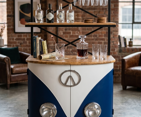 Vintage Camper Van Bar Cabinet with Wine Glass Rack & Storage Shelves | Industrial Home Bar Station