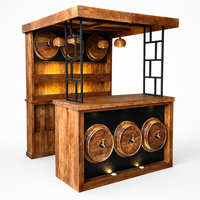 Rustic Wooden Home Bar Counter with Overhead Canopy & Display Shelves | Industrial Style Serving Station