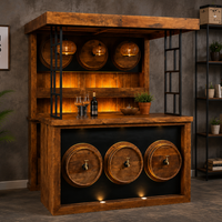 Rustic Wooden Home Bar Counter with Overhead Canopy & Display Shelves | Industrial Style Serving Station