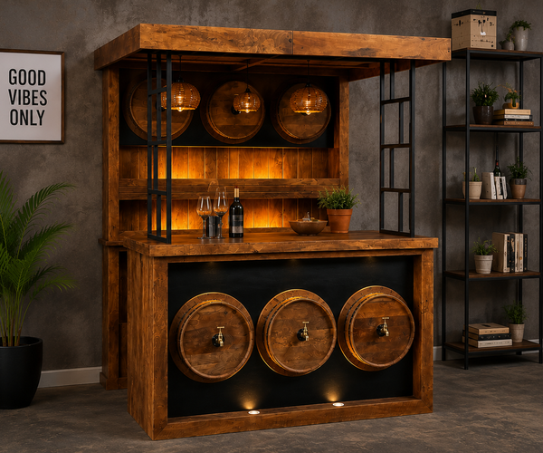 Rustic Wooden Home Bar Counter with Overhead Canopy & Display Shelves | Industrial Style Serving Station