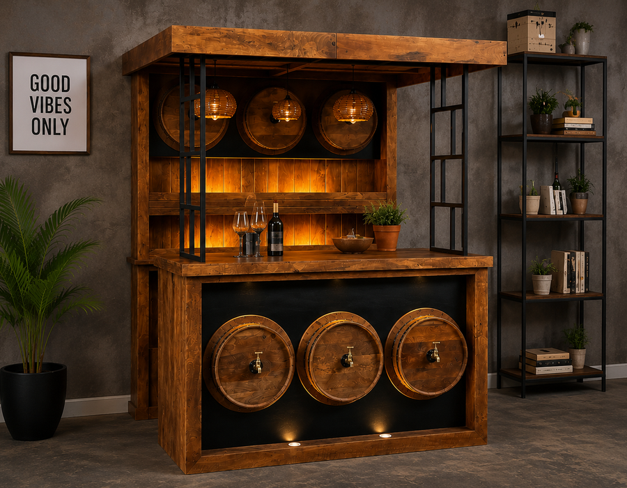 Rustic Wooden Home Bar Counter with Overhead Canopy & Display Shelves | Industrial Style Serving Station
