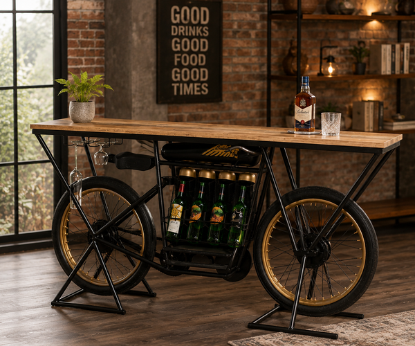Vintage Bicycle Bar Table with Wine Rack | Industrial Wooden Counter Table | Home Bar & Cafe Furniture