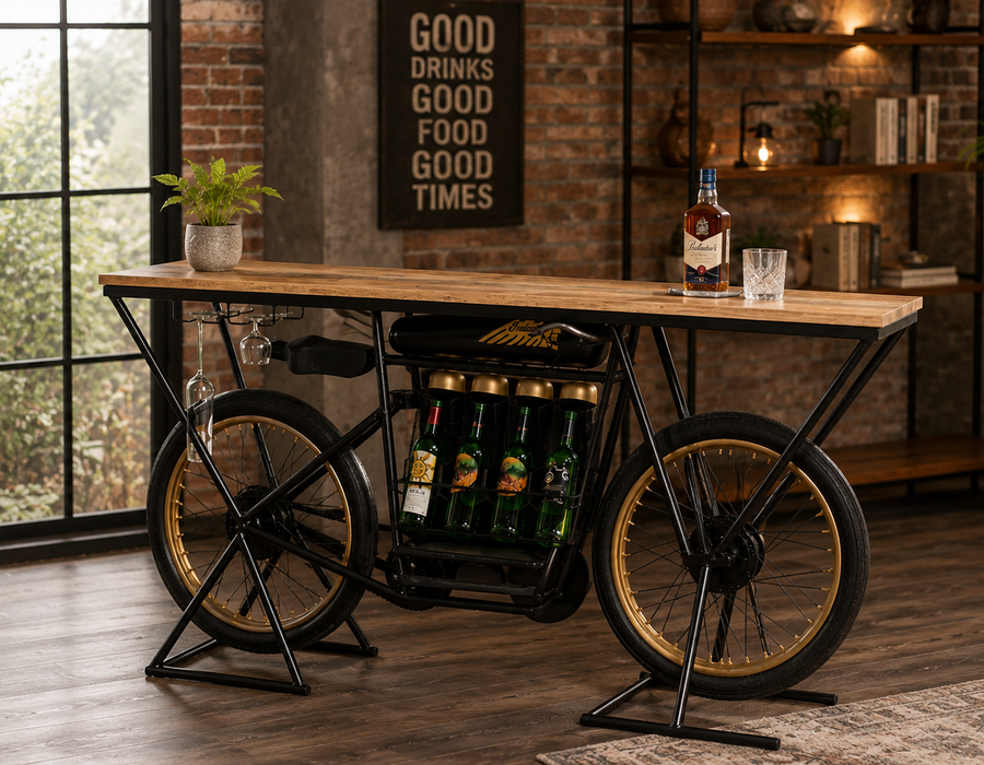Vintage Bicycle Bar Table with Wine Rack | Industrial Wooden Counter Table | Home Bar & Cafe Furniture