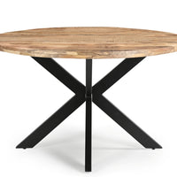 Industrial Round Solid Wood Dining Table with Black Metal Cross Base