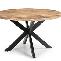 Industrial Round Solid Wood Dining Table with Black Metal Cross Base