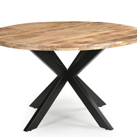 Industrial Round Solid Wood Dining Table with Black Metal Cross Base