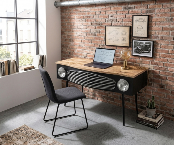 Vintage Industrial Car-Inspired Writing Desk with Solid Wood Top & Metal Frame