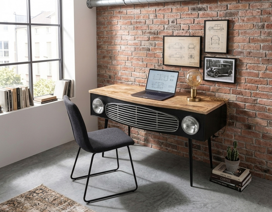 Vintage Industrial Car-Inspired Writing Desk with Solid Wood Top & Metal Frame
