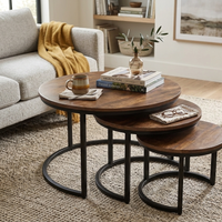 Industrial Nesting Coffee Table Set | Round Wooden Top Side Tables | Modern Living Room Furniture