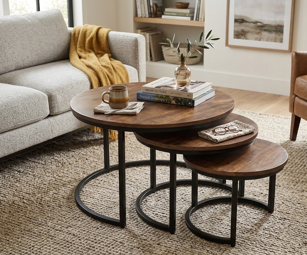 Industrial Nesting Coffee Table Set | Round Wooden Top Side Tables | Modern Living Room Furniture