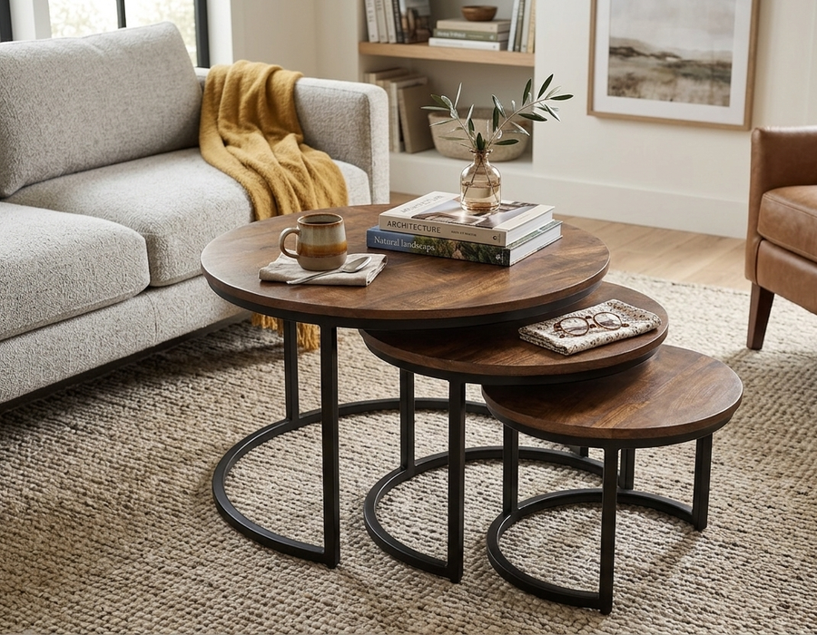 Industrial Nesting Coffee Table Set | Round Wooden Top Side Tables | Modern Living Room Furniture