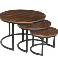 Industrial Nesting Coffee Table Set | Round Wooden Top Side Tables | Modern Living Room Furniture