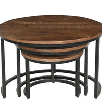 Industrial Nesting Coffee Table Set | Round Wooden Top Side Tables | Modern Living Room Furniture