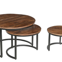 Industrial Nesting Coffee Table Set | Round Wooden Top Side Tables | Modern Living Room Furniture