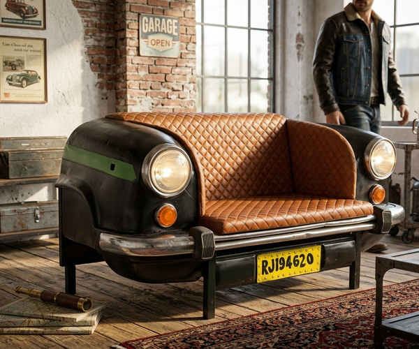 Vintage Car Front Sofa | Automotive Inspired Leather Loveseat | Industrial Statement Seating