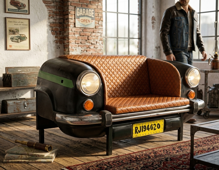 Vintage Car Front Sofa | Automotive Inspired Leather Loveseat | Industrial Statement Seating
