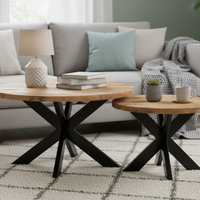 High Quality 2-Piece Round Nesting Coffee Table Set – Solid Wood Top with Black Metal Geometric Base