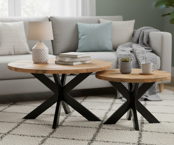 High Quality 2-Piece Round Nesting Coffee Table Set – Solid Wood Top with Black Metal Geometric Base
