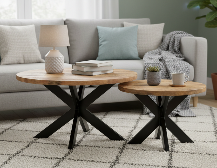 High Quality 2-Piece Round Nesting Coffee Table Set – Solid Wood Top with Black Metal Geometric Base