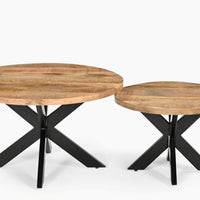 High Quality 2-Piece Round Nesting Coffee Table Set – Solid Wood Top with Black Metal Geometric Base