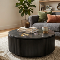 Modern Round Marble Coffee Table with Fluted Black Base Marble Top – Contemporary Living Room Center Table
