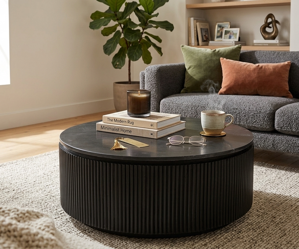 Modern Round Marble Coffee Table with Fluted Black Base Marble Top – Contemporary Living Room Center Table