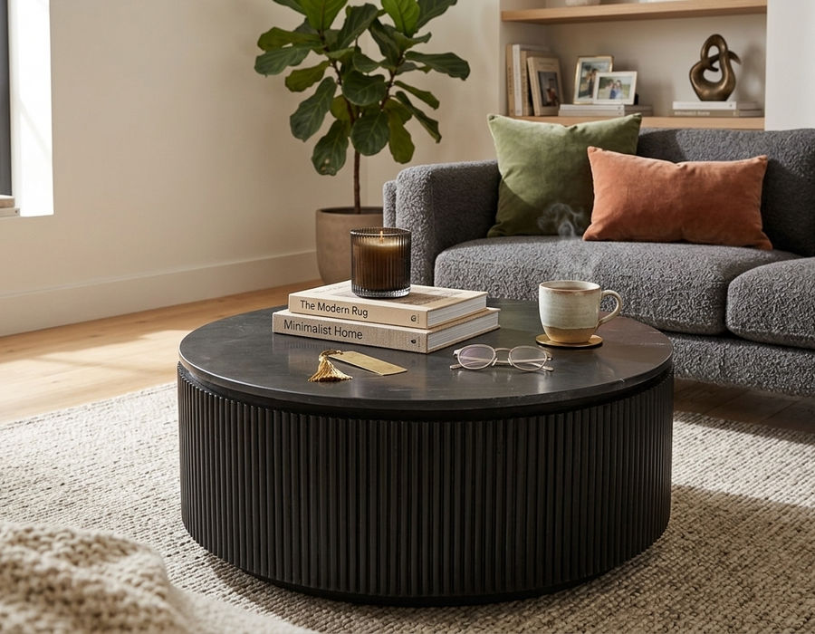 Modern Round Marble Coffee Table with Fluted Black Base Marble Top – Contemporary Living Room Center Table