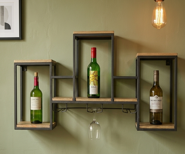 Wall Mounted Industrial Wine Rack with Stemware Glass Holder