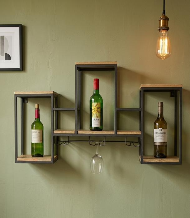 Wall Mounted Industrial Wine Rack with Stemware Glass Holder