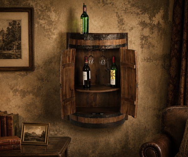 Rustic Wooden Barrel Wall Bar Cabinet | Vintage Wine Rack with Glass Holder | Home Bar Furniture