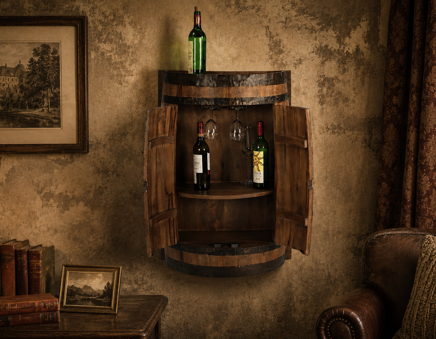 Rustic Wooden Barrel Wall Bar Cabinet | Vintage Wine Rack with Glass Holder | Home Bar Furniture